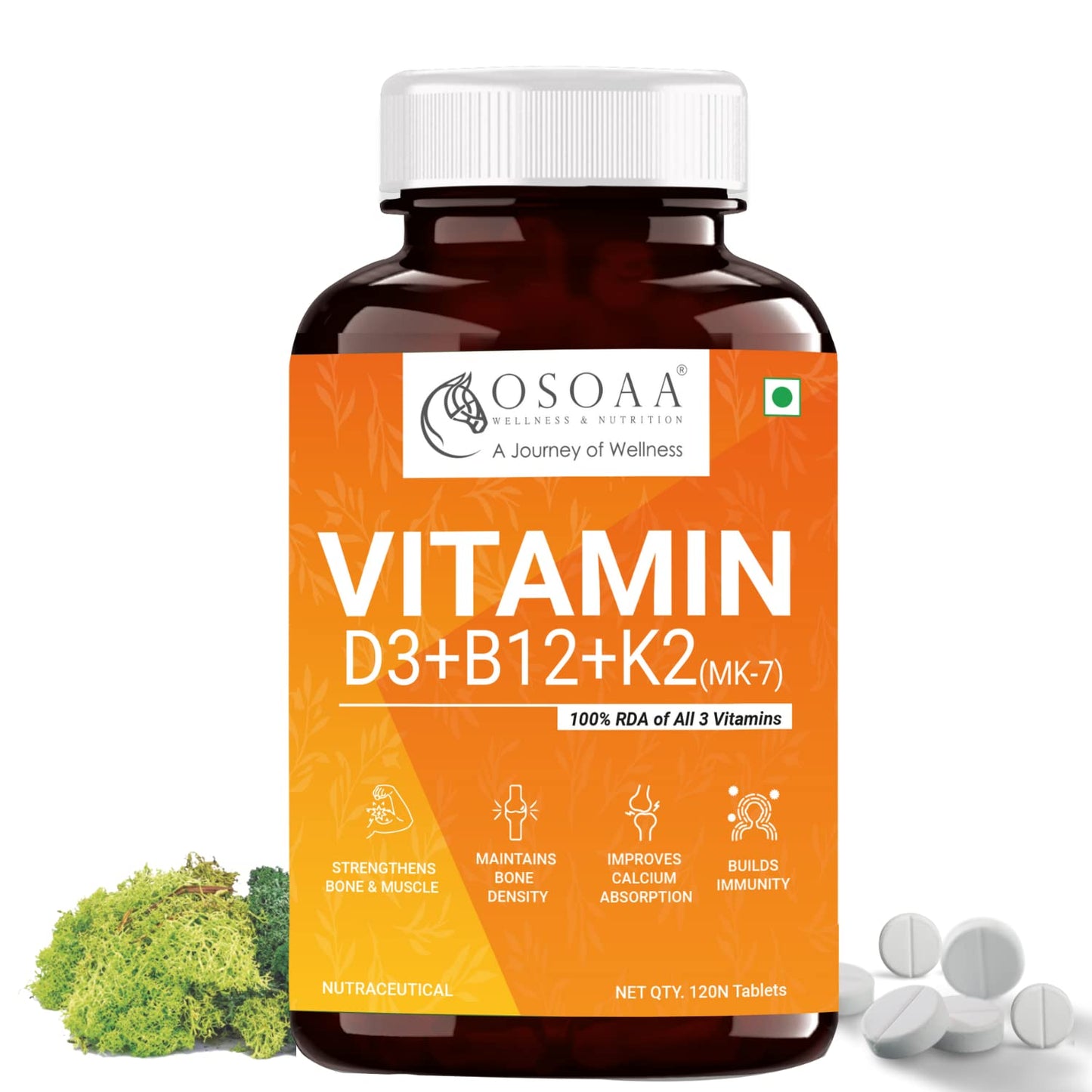 OSOAA Veg Vitamin D3 K2 MK7 (120 Tabs) |100% RDA - Lab Tested & FSSAI Approved| Plant Based Vitashinr Bone, Joint Support & Immunity - For Men & Women