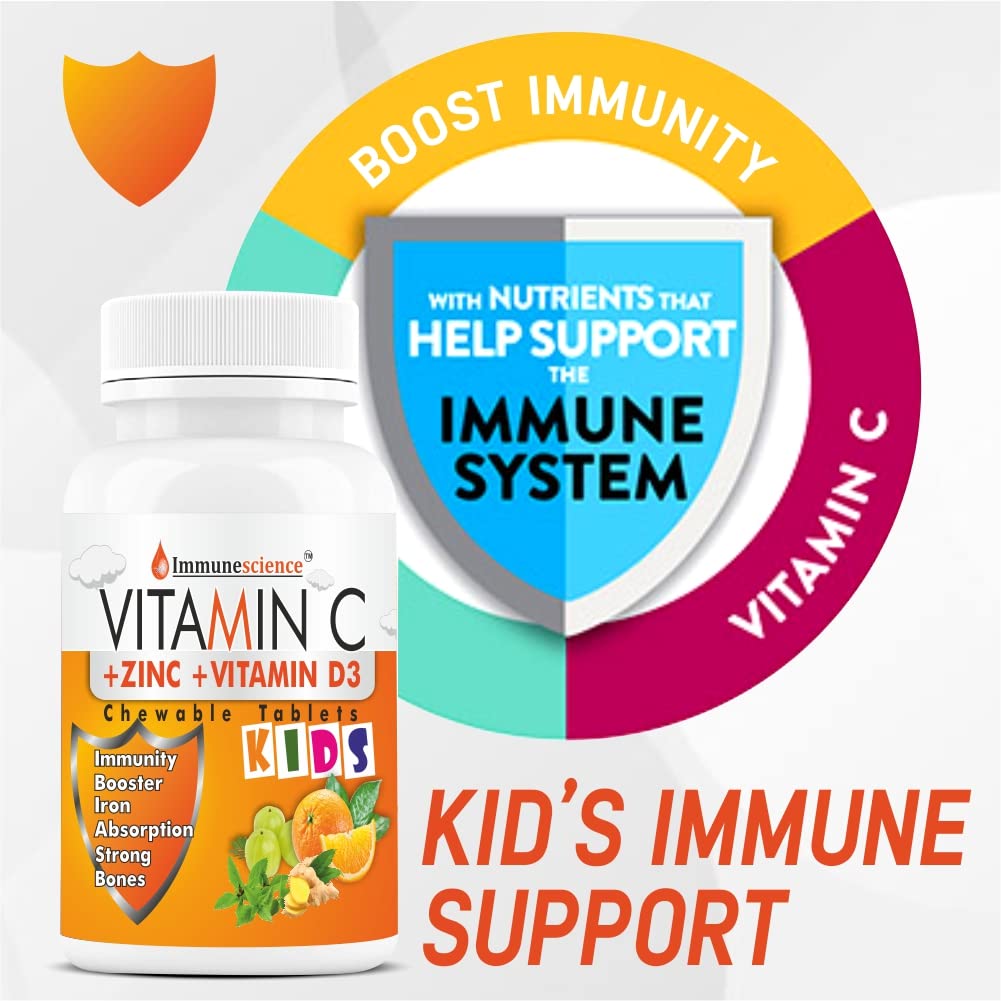 Immunescience Vitamin C Tablets For Kids with Zinc Supplements and Citrus Bioflavonoids, Immunity Borong Bones. Chewable Tablet Sugar Free-60 (orange)