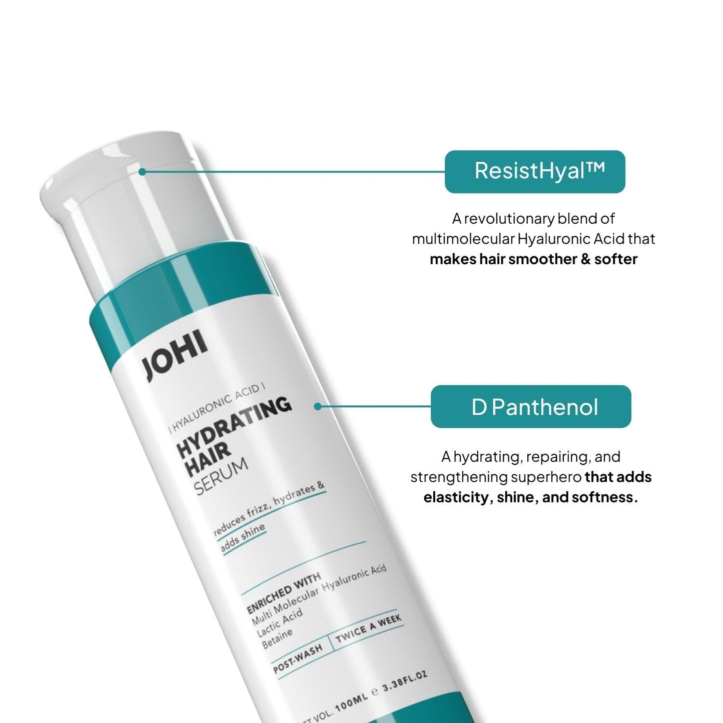 Johi Hydrating Hair Serum, Controls Frizz, Reduces Dryness & provides Shine, Contains Hyaluronic Aci(ResistHyal™), Suitable For All Hair Types, 100 ml