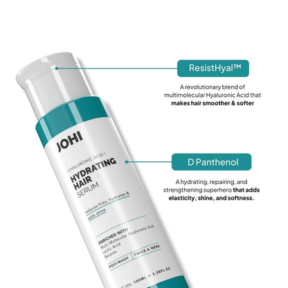 Johi Hydrating Hair Serum, Controls Frizz, Reduces Dryness & provides Shine, Contains Hyaluronic Aci(ResistHyal™), Suitable For All Hair Types, 100 ml