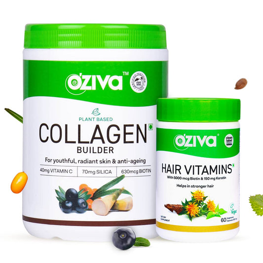 OZiva Hair & Skin Combo Pack, Plant Based Collagen Builder 250 g + Hair Vitamin with Biotin, Omega 3 & Vitamin C For Glowing Skin & Hair Fall Control