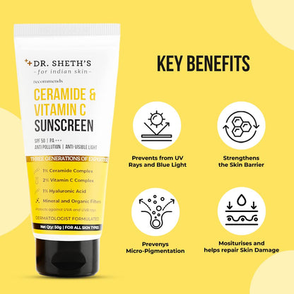 Dr. Sheth's Ceramide & Vitamin C Sunscreen SPF 50+ PA+++ | For Deep Moisturization | Non-Greasy, Quit | For Women & Men | UVA UVB Sun Protection | 50g