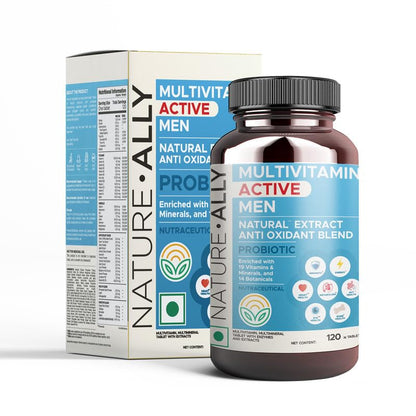 NATUREALLY MULTIVITAMIN ACTIVE MEN: 100% RDA 19 vitamin & minerals Value & 14 botanicals | PROBIOTICmunity, Gut, Bone, Eye, Heart Health (120 Tablets)