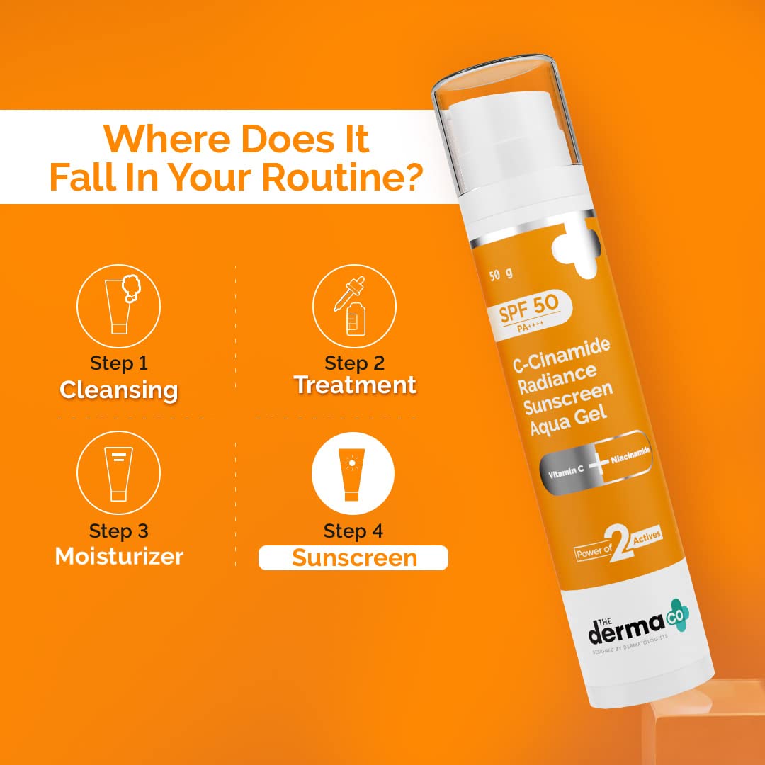 The Derma Co C-Cinamide Sunscreen SPF 50 Aqua Gel, with Vitamin C & Niacinamide, PA++++, Lightweighthite Cast for Sun Protection & Glowing Skin - 50gm