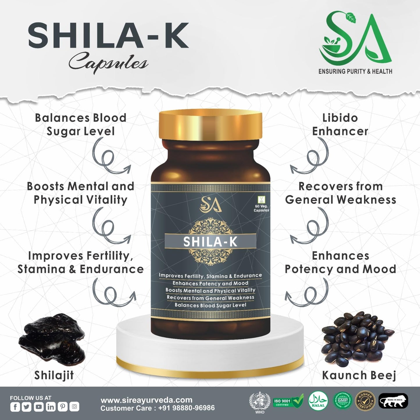 Sire Ayurveda Shila-k 60 Shilajit Capsules | Vegetarian Shilajeet - Power, Strength, Stamina Booster Supplements for Men