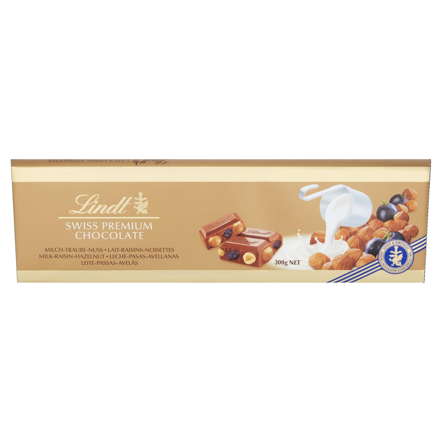 Lindt Swiss Premium Gold Milk Chocolate with Hazelnuts and Raisins Bar, 300 g