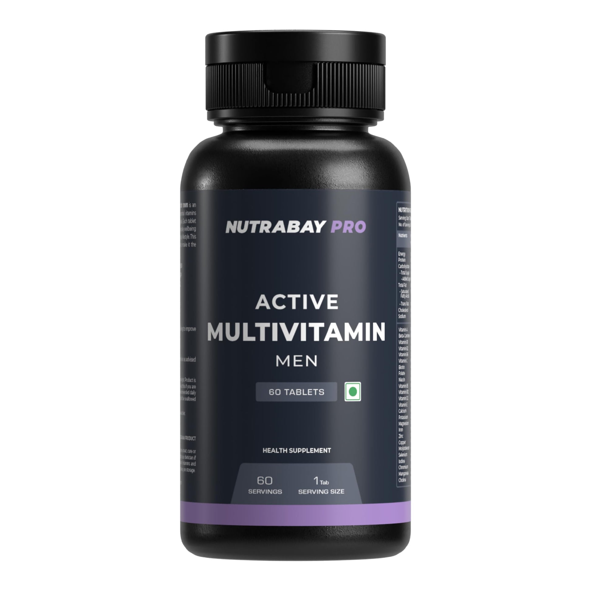 Nutrabay Pro Active Multivitamin for Men - 25 Vitamins & Minerals with Zinc, Vitamin C, Vitamin D any, Stamina & Immunity - 60 Veg Multivitamin Tablet