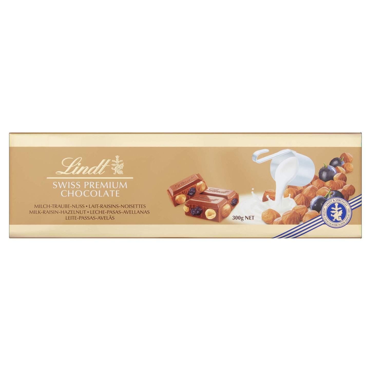 Lindt Swiss Premium Gold Milk Chocolate with Hazelnuts and Raisins Bar, 300 g