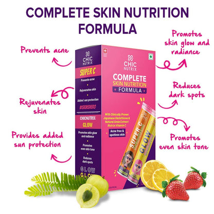 Chicnutrix Glow + SuperC – Glutathione & Vitamin C tablets – Natural Amla Extracts for Skin Care & Ilets each – Fizzy Orange & Strawberry-lemon Flavor