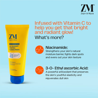ZM Vitamin C UV Expert Tinted Sunscreen SPF 40, PA +++ For Bright & Glowing Skin | UV Protection | FSun Protection | Sunscreen For Women & Men - 100 g
