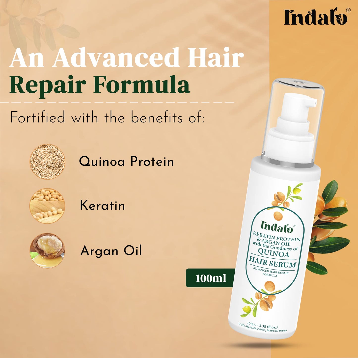 Indalo Quinoa Protein Hair Serum with Keratin & Argan Oil for Silky and Soft, Smooth and Shiny Haird Hair, Advanced Hair Repair Formula Serum – 100ml