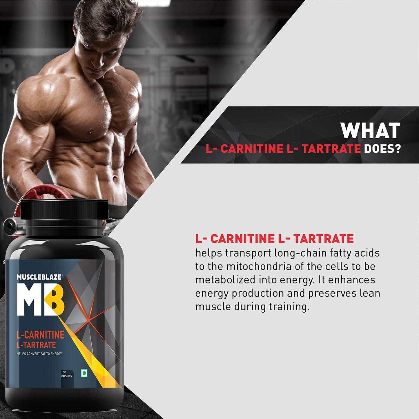 MuscleBlaze L-Carnitine L-Tartrate, 500mg L-Carnitine, Helps Convert Fat into Energy (Unflavoured,Pack of 120 Capsules)