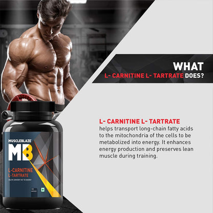 MuscleBlaze L-Carnitine L-Tartrate, 500mg L-Carnitine, Helps Convert Fat into Energy (Unflavoured,Pack of 120 Capsules)