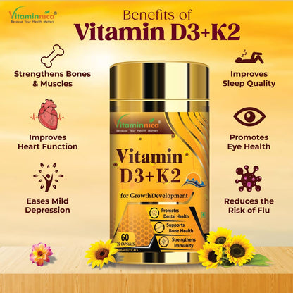 Vitaminnica Vitamin D3+ K2 | Support Bone & Heart Health for Men & Women | 60 Capsules | (Pack of 1)