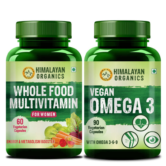 Himalayan Organics Whole Food Multivitamin for Women - 60 Veg Capsules And Omega 3 6 9 Vegan Naturalutrition Supplement - 90 Veg Capsules (Combo pack)