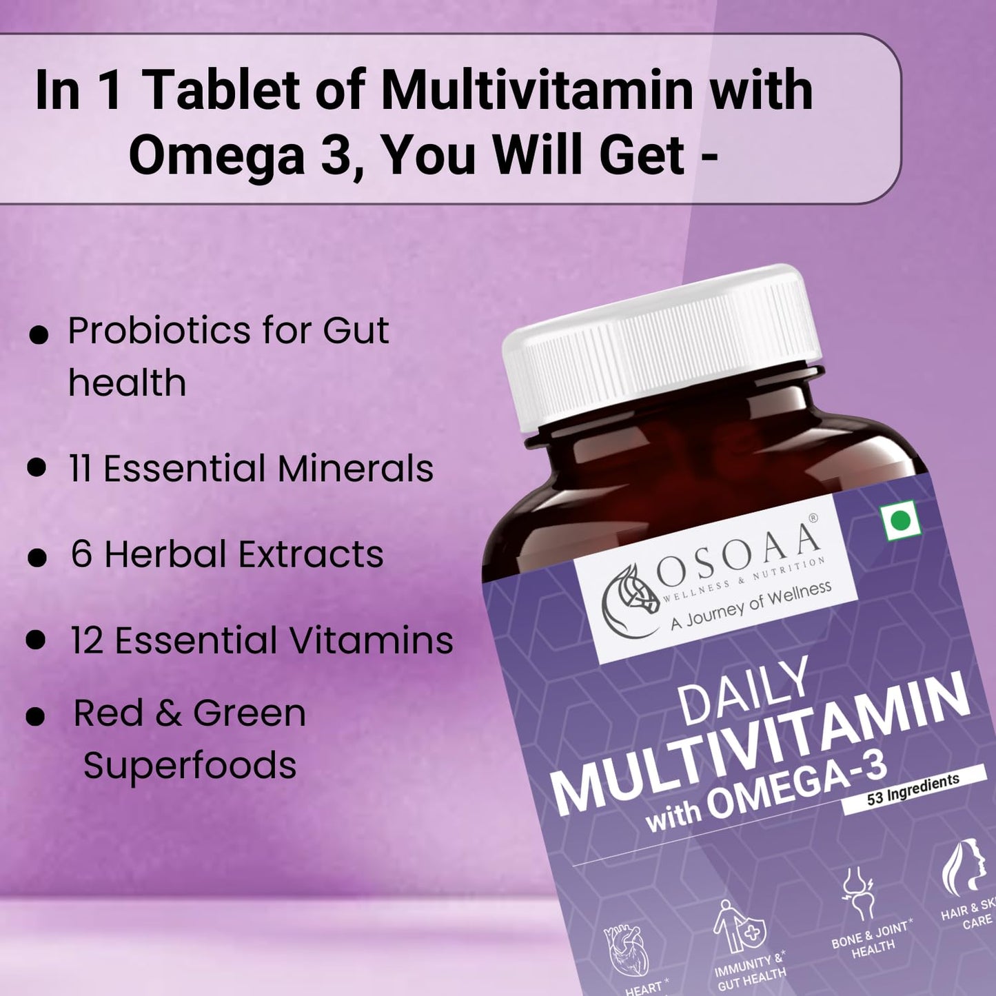 OSOAA Daily Multivitamin with 200mg Omega 3 (60 Tablets) for Men & Women| 53 Ingredients| Lab TestedGreens, Super Reds| Supports Immunity & Gut Health