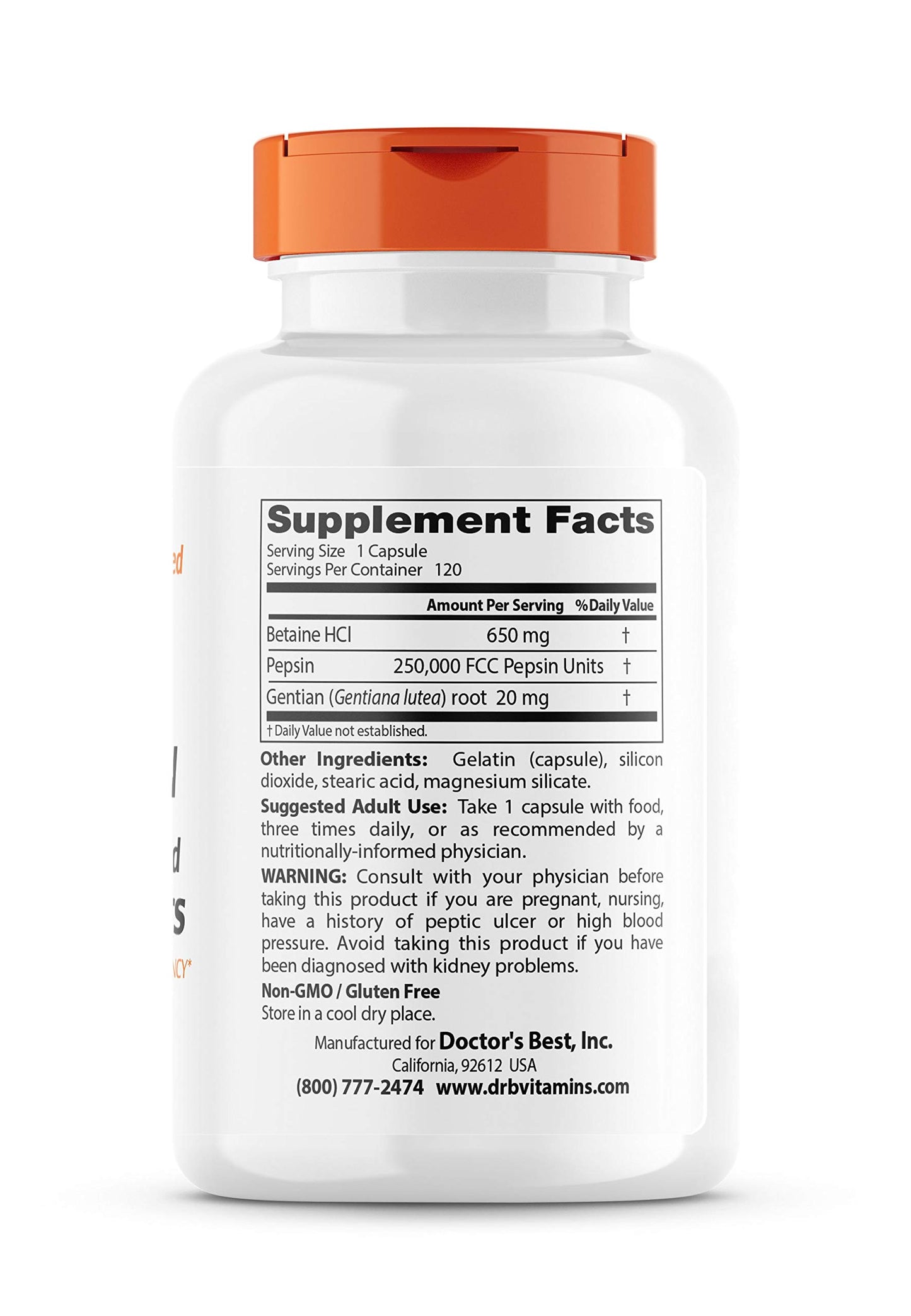 Doctor's Best Betaine Hcl Pepsin & Gentian Bitters (Support Digestive Health) - 120 Caps