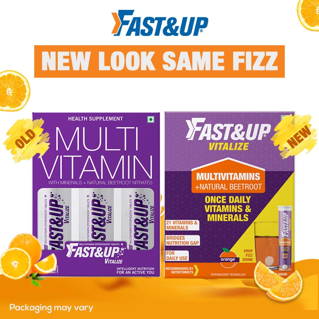 Fast&Up Vitalize Mutivitamin Supplements, One daily with Natural Beetroot Extract for Men and Women - 60 Effervescent Tablets - Orange Flavor