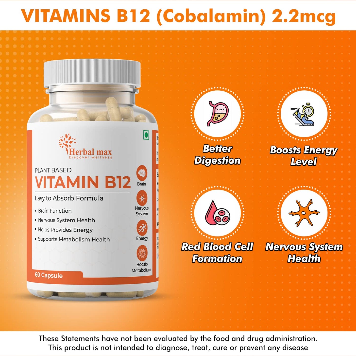 Herbal max Plant Based Vitamin B-12, 2.2mcg | 60 Veg Capsules | Boost Energy Level | Supports Healthous System & Brain Function | For Both Men & Women