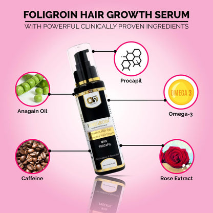 CO LUXURY Foligroin Hair Growth Serum with Procapil, AnaGain, Caffeine, Omega 3 & Rose Extracts - 10Hair Serum for Strong & Healthy Hair | Men & Women