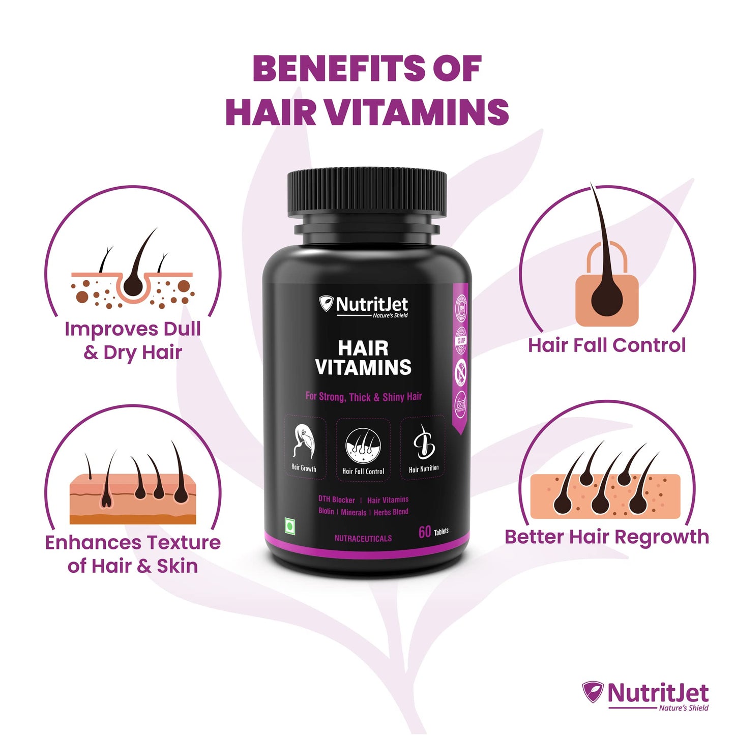 NutritJet Hair Vitamins With DHT Blocker, Biotin, Vitamin E, B3, Calcium & Zinc for Better Hair Grow Hair fall Control For Women & Men, 60 Veg Tablets