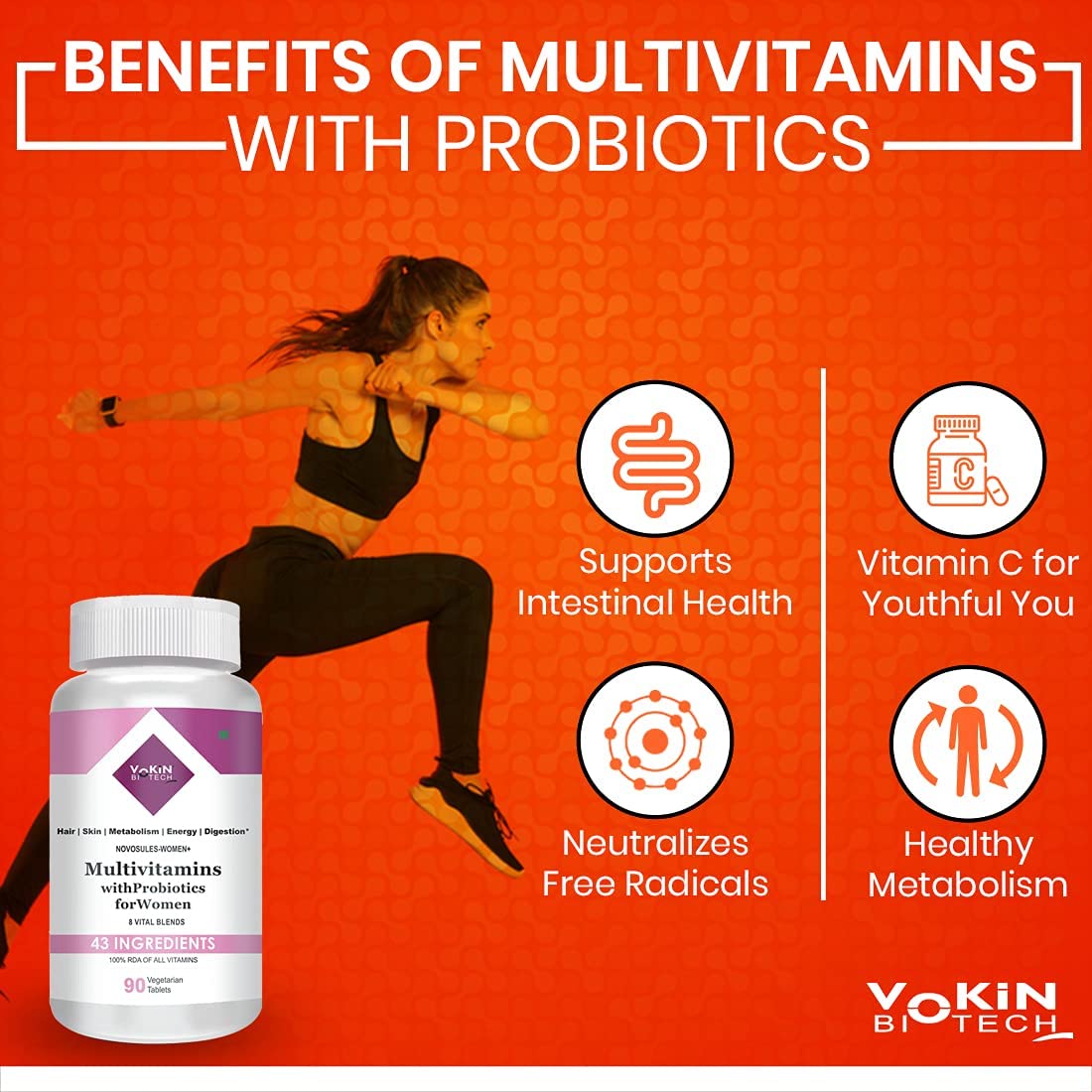 Vokin Biotech Multivitamin with Probiotics, With Vitamin C, Vitamin B, Vitamin D, Zinc, Supports Imm health, For (Multivitamin For Women) (90 Tablets)