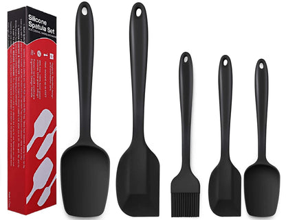 we3 Silicone Spatula Set 5-Piece - 600ºF Heat-Resistant Baking Spoon Spatula with Stainless Steel Core (Black)