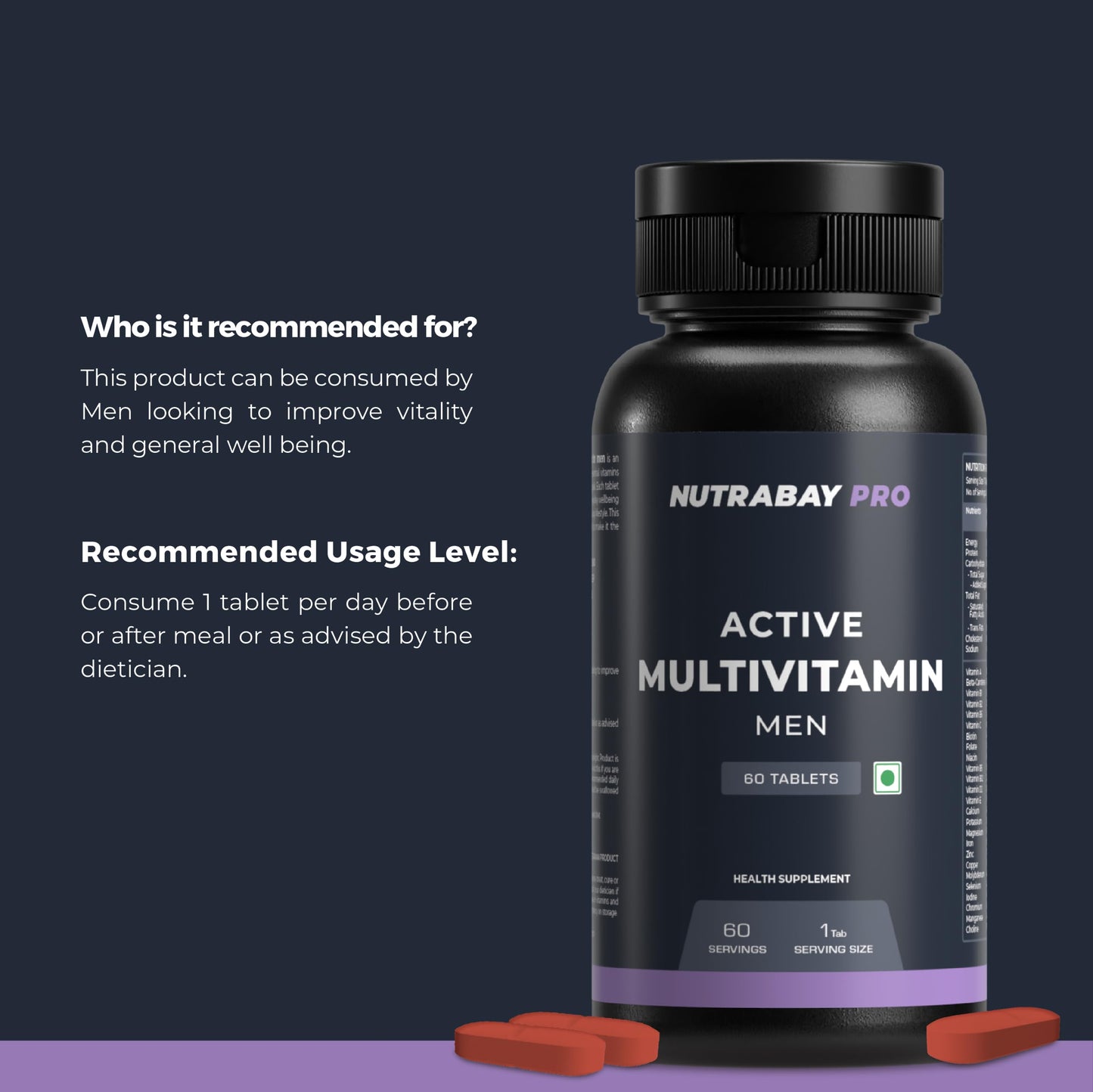 Nutrabay Pro Active Multivitamin for Men - 25 Vitamins & Minerals with Zinc, Vitamin C, Vitamin D any, Stamina & Immunity - 60 Veg Multivitamin Tablet