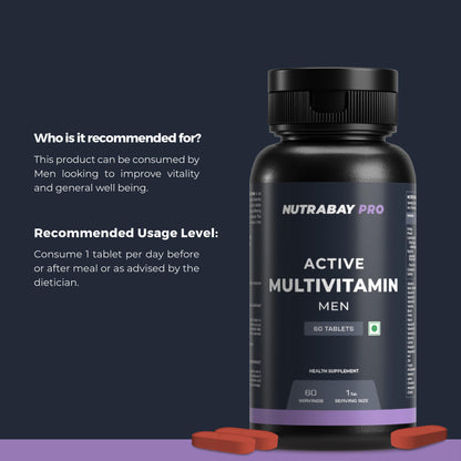 Nutrabay Pro Active Multivitamin for Men - 25 Vitamins & Minerals with Zinc, Vitamin C, Vitamin D any, Stamina & Immunity - 60 Veg Multivitamin Tablet