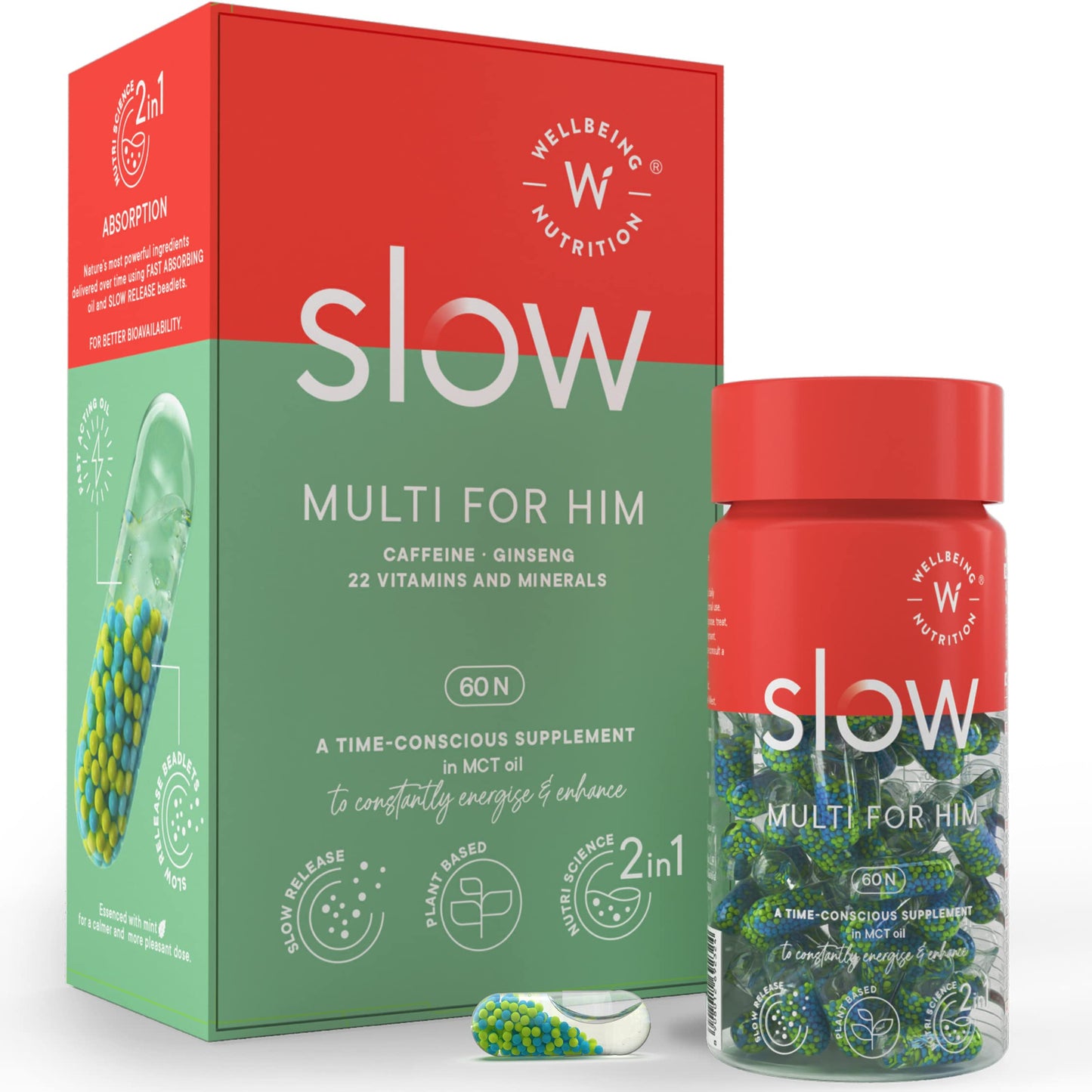 Wellbeing Nutrition Slow | Multivitamin and Fish Oil Combo | Plant Based | EPA, DHA & Curcumin (60x2 Capsules)