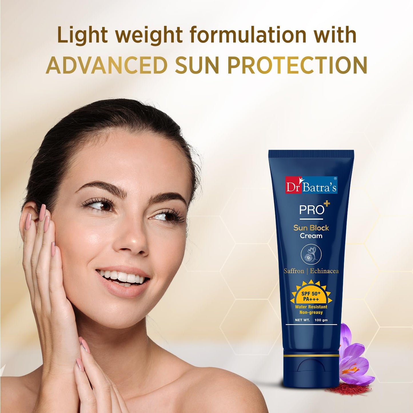 Dr Batra's Pro+ Sun Block Cream SPF 50++, Lightweight Enriched with Saffron and Aloe Vera -100 Gm