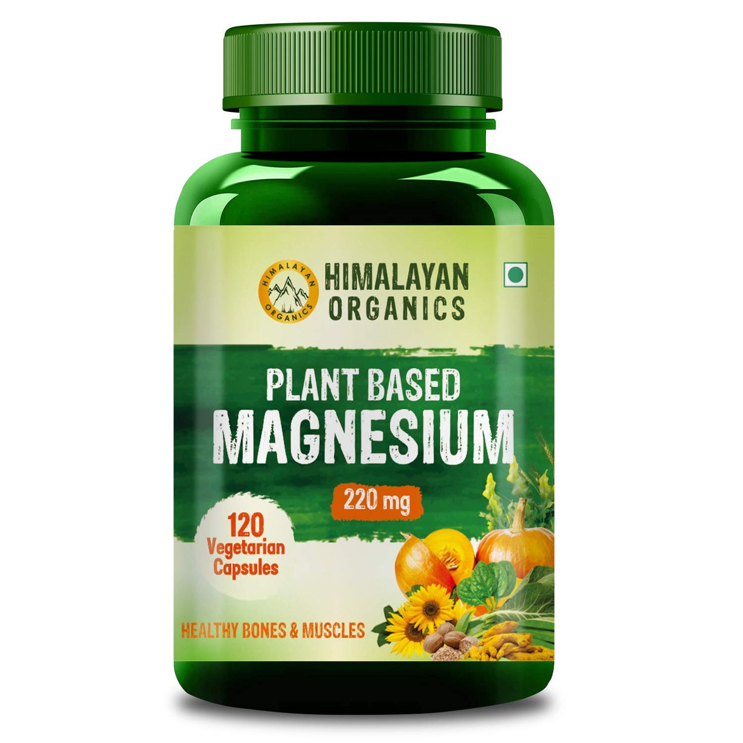 Himalayan Organics Plant Based Magnesium Supplement 1360mg With Turmeric Spirulina, Wheatgrass, Mori Bone Health | Boost Energy Level - 60 Veg Tablets