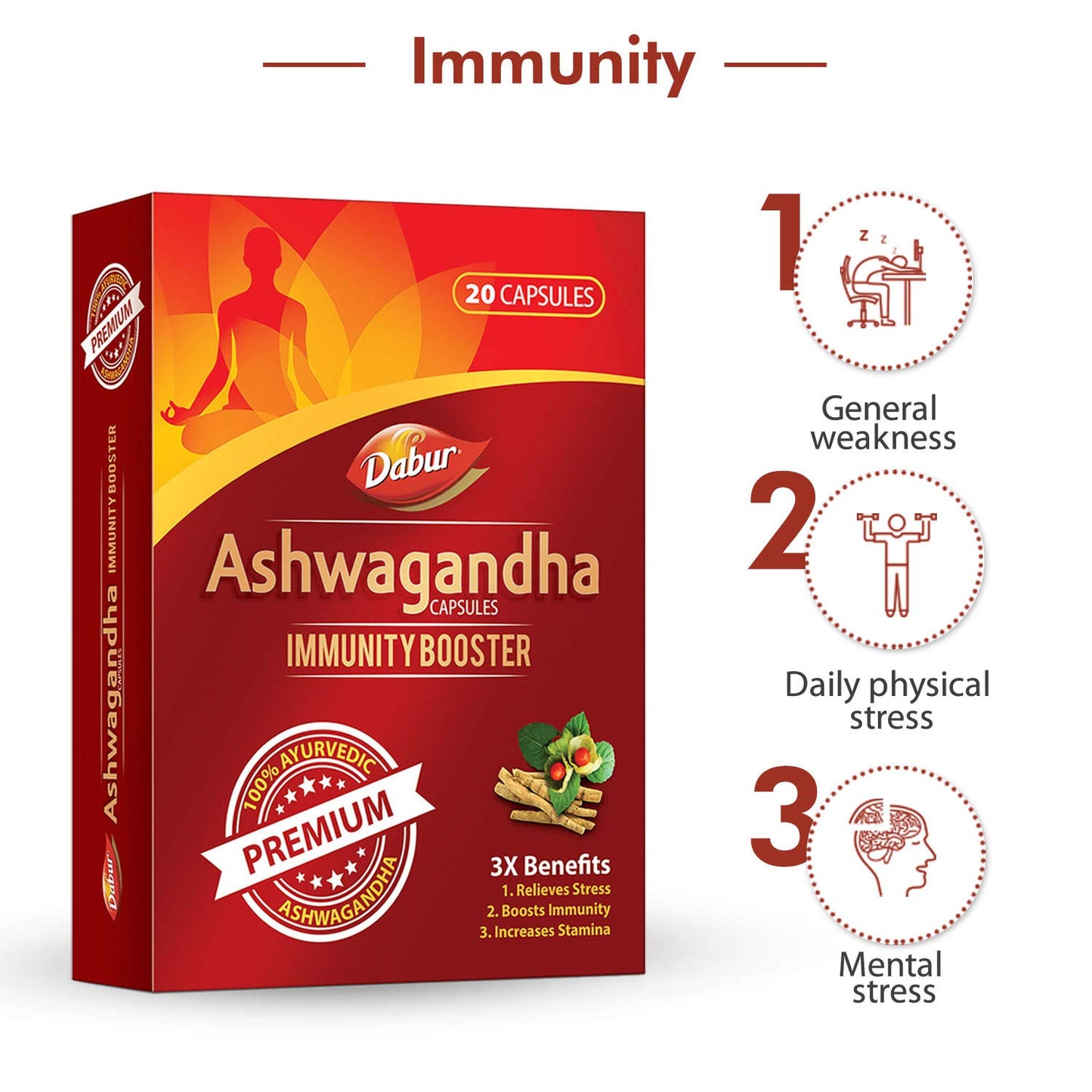 Dabur Ashwagandha Capsules Immunity Booster - 20 Capsules | 100% Ayurvedic | Relieves Stress & Increases Stamina | Immunity Booster