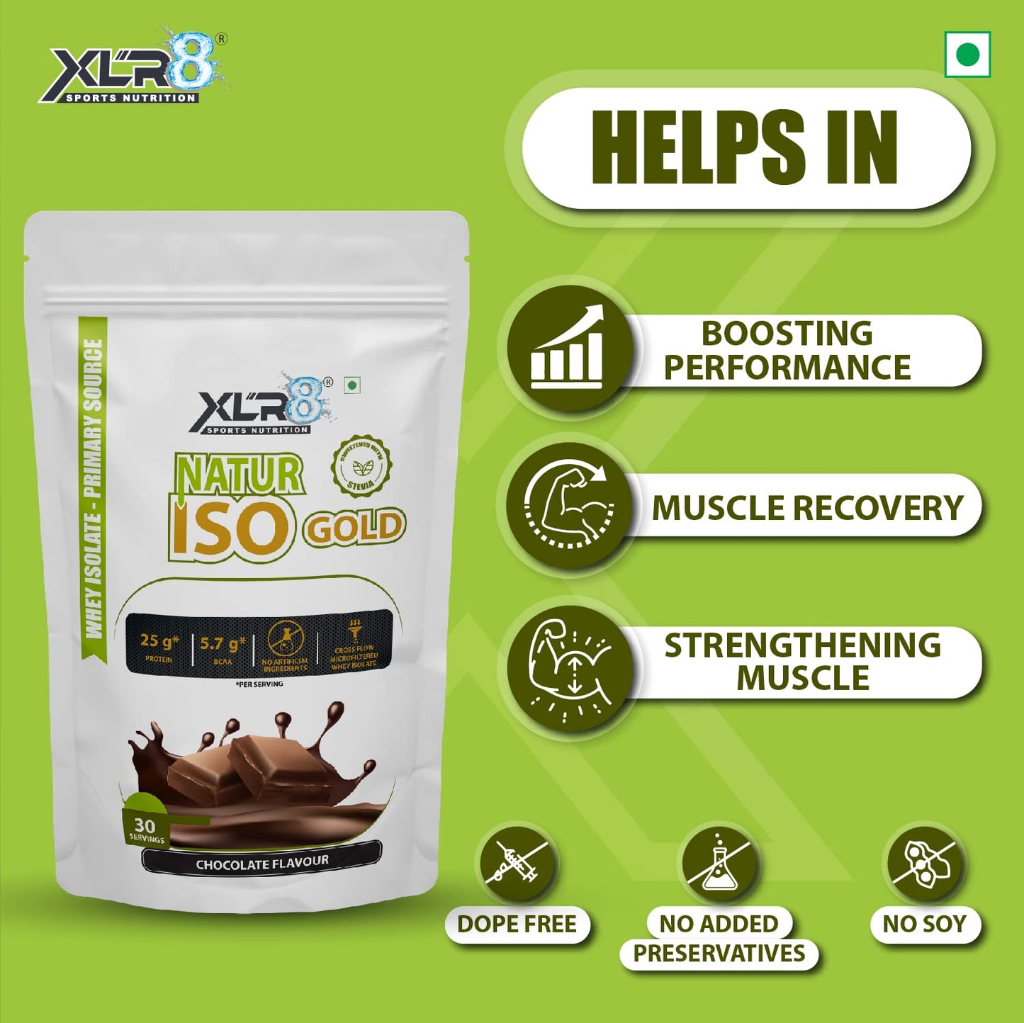 XLR8 Natur Iso Gold Whey Protein Isolate, 25g Protein, 5.7g BCAA, Sweetened with Stevia (Chocolate, 1Kg)