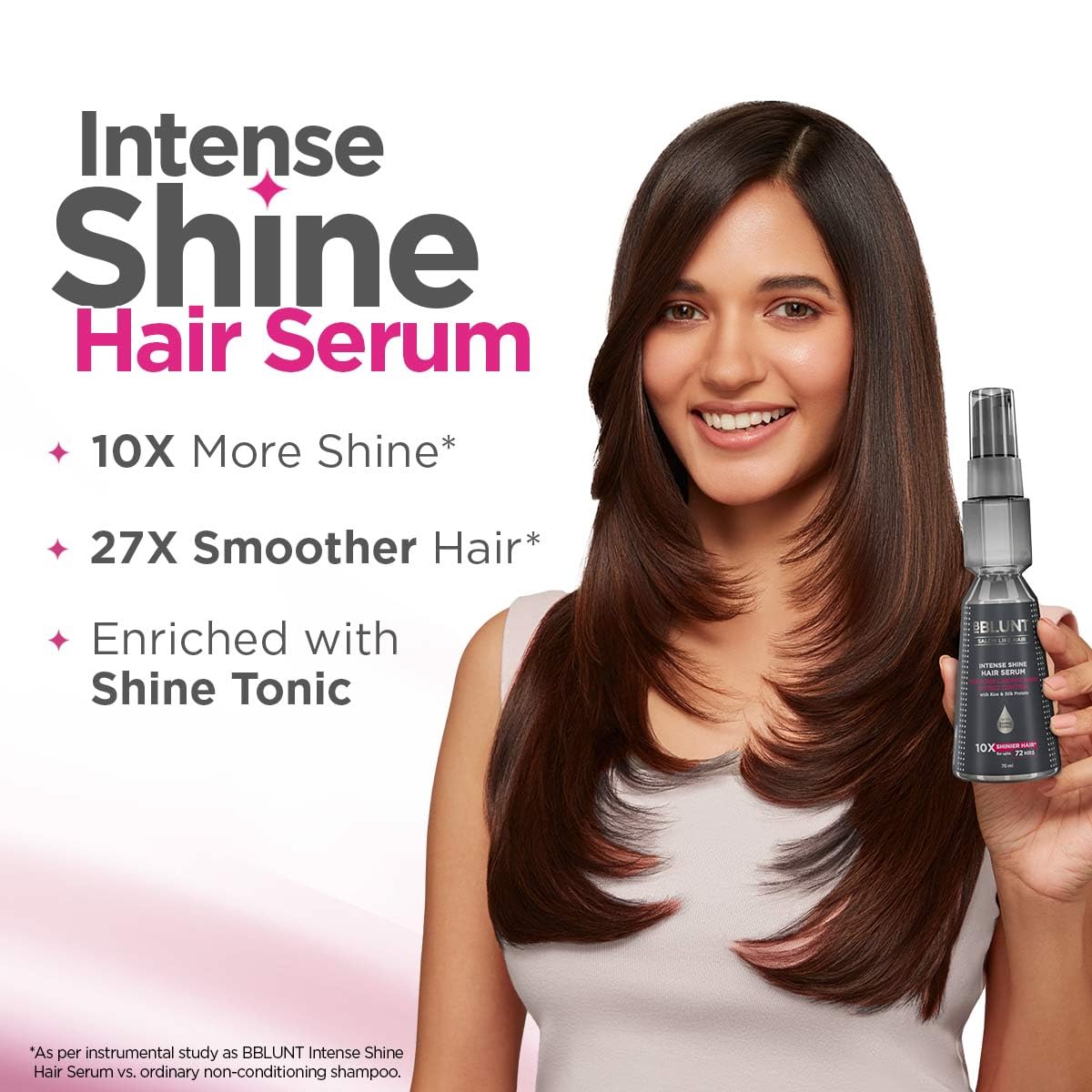 BBLUNT Intense Shine Hair Serum with Rice & Silk Protein for 10X Shinier Hair for upto 72 hours* - 7uction in Frizz | 27X Smoother Hair in Just 1 Use*