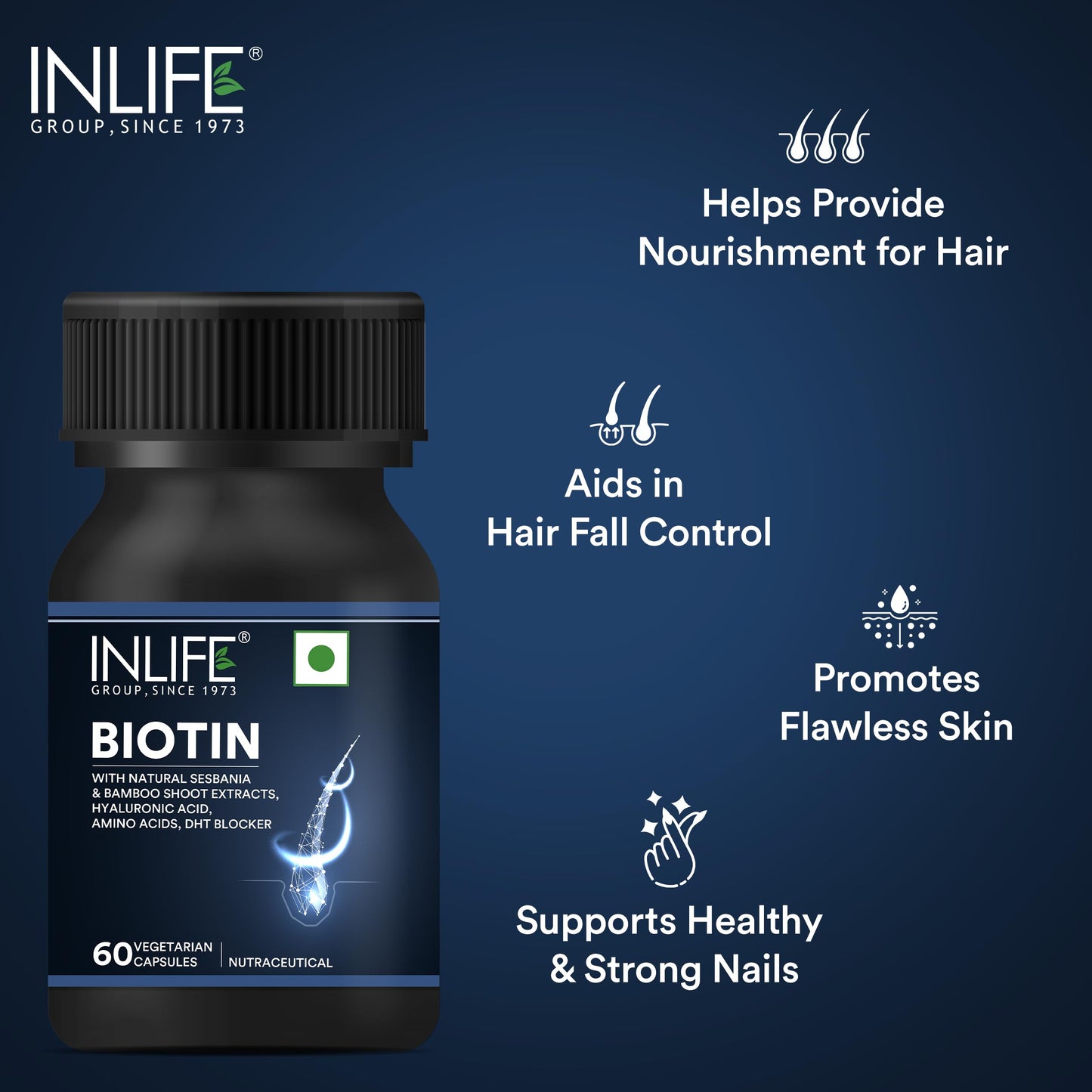 INLIFE Biotin Supplement for Hair | DHT Blocker with Sesbania, Bamboo Shoot, Bhringraj, Zinc, Vitamin - 60 Veg Capsules (Biotin with Herbs, Pack of 1)