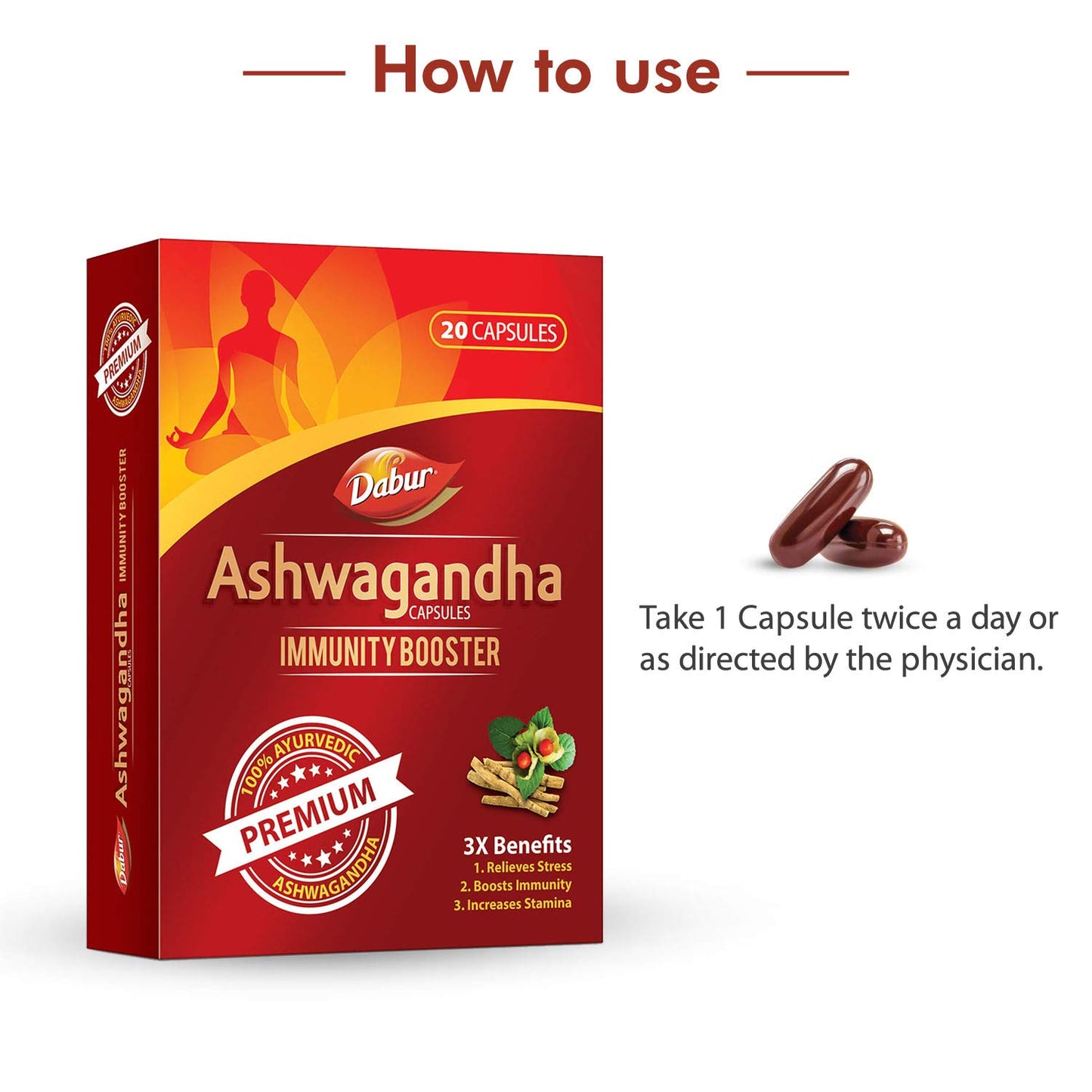 Dabur Ashwagandha Capsules Immunity Booster - 20 Capsules | 100% Ayurvedic | Relieves Stress & Increases Stamina | Immunity Booster