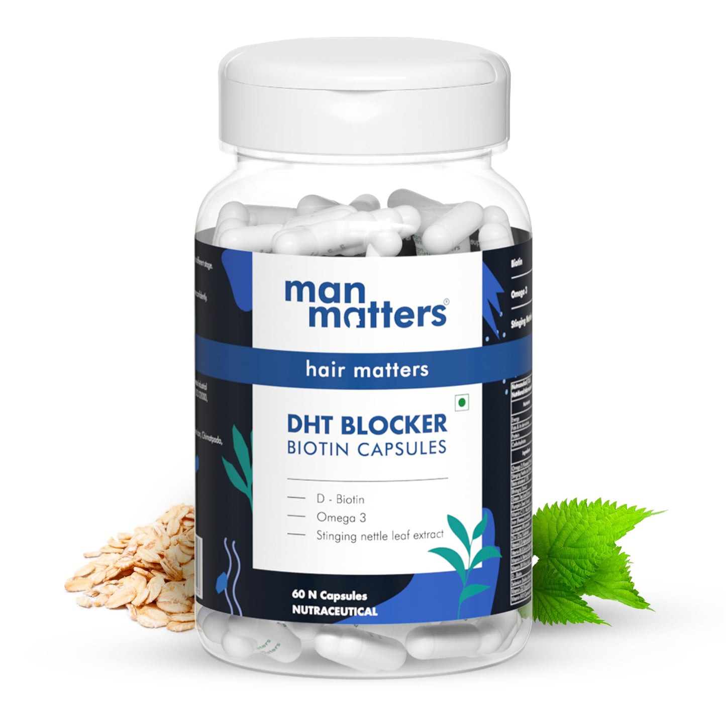 Man Matters Natural DHT Blocker Biotin Capsules | 60 capsules | Controls Hair Fall & Promotes Hair Gns, Iron, Omega 3 and Stinging Nettle Leaf Extract