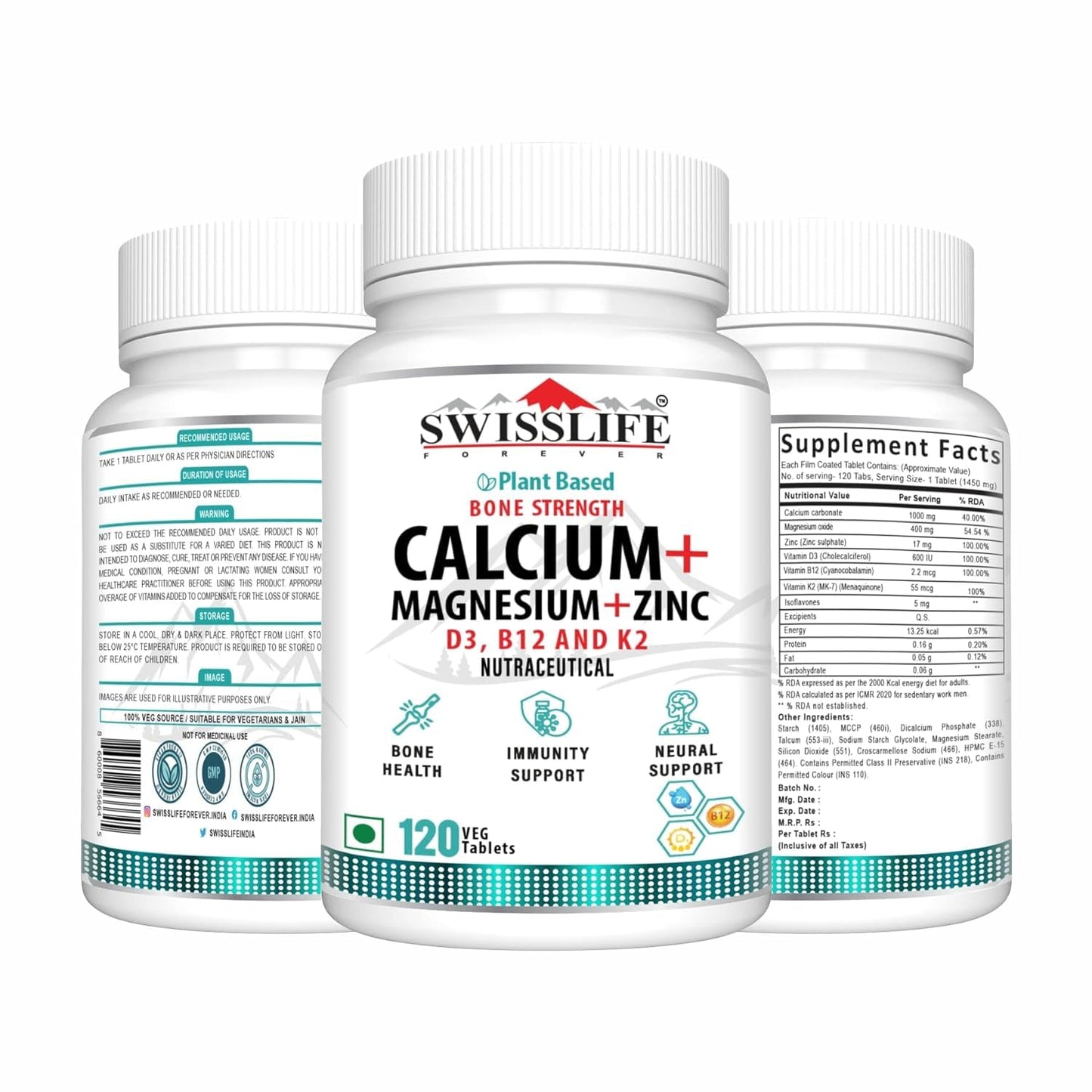 SWISSLIFE FOREVER Calcium Magnesium & Zinc Tablets with Vitamin D3, Calcium Supplement For Women andn, For Bone Health & Joint Pack of 2 (120 Tablets)