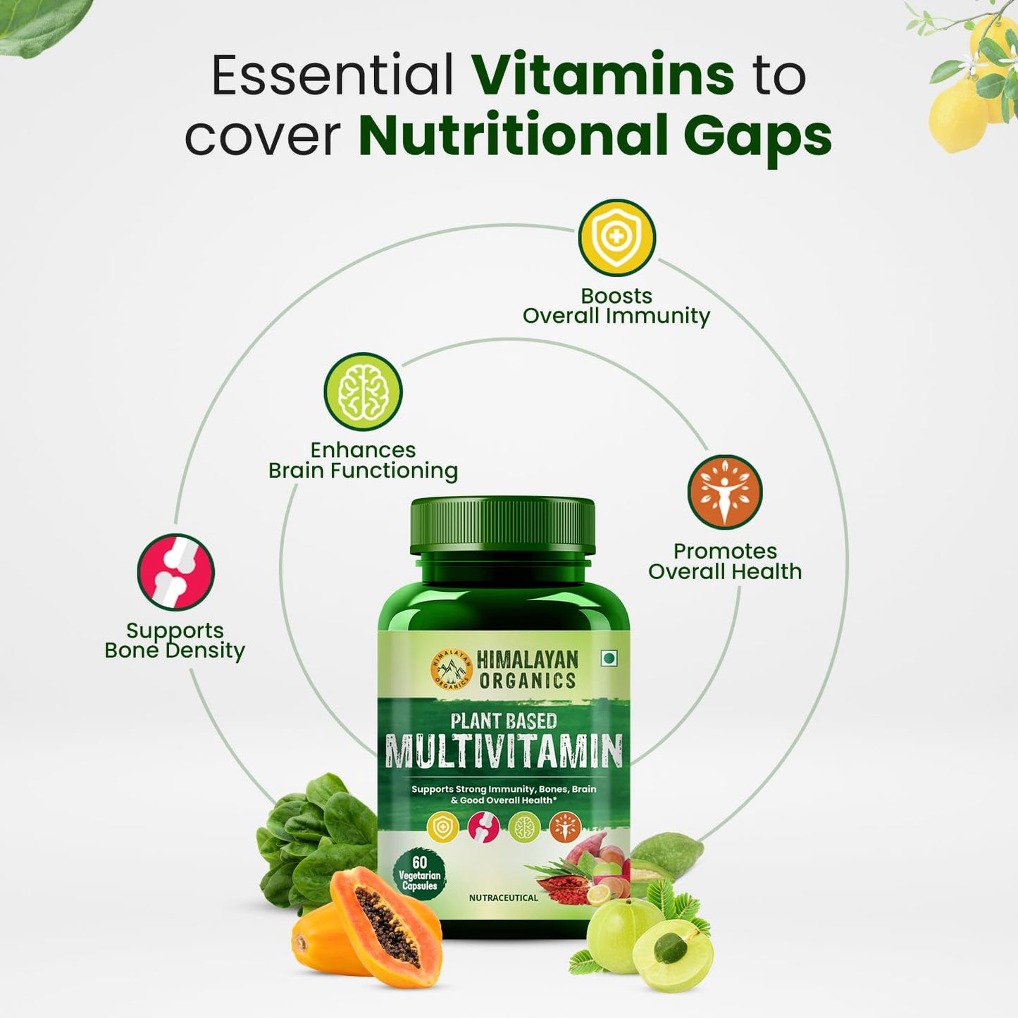 Himalayan Organics Plant Based Multivitamin 60+ Ingredients With Vitamin B1, B2, B3, B5, B6, B7, B9, Joints etc,Good For Men & Women - 60 Veg Capsules