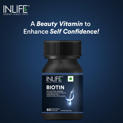 INLIFE Biotin Supplement for Hair | DHT Blocker with Sesbania, Bamboo Shoot, Bhringraj, Zinc, Vitamin - 60 Veg Capsules (Biotin with Herbs, Pack of 1)