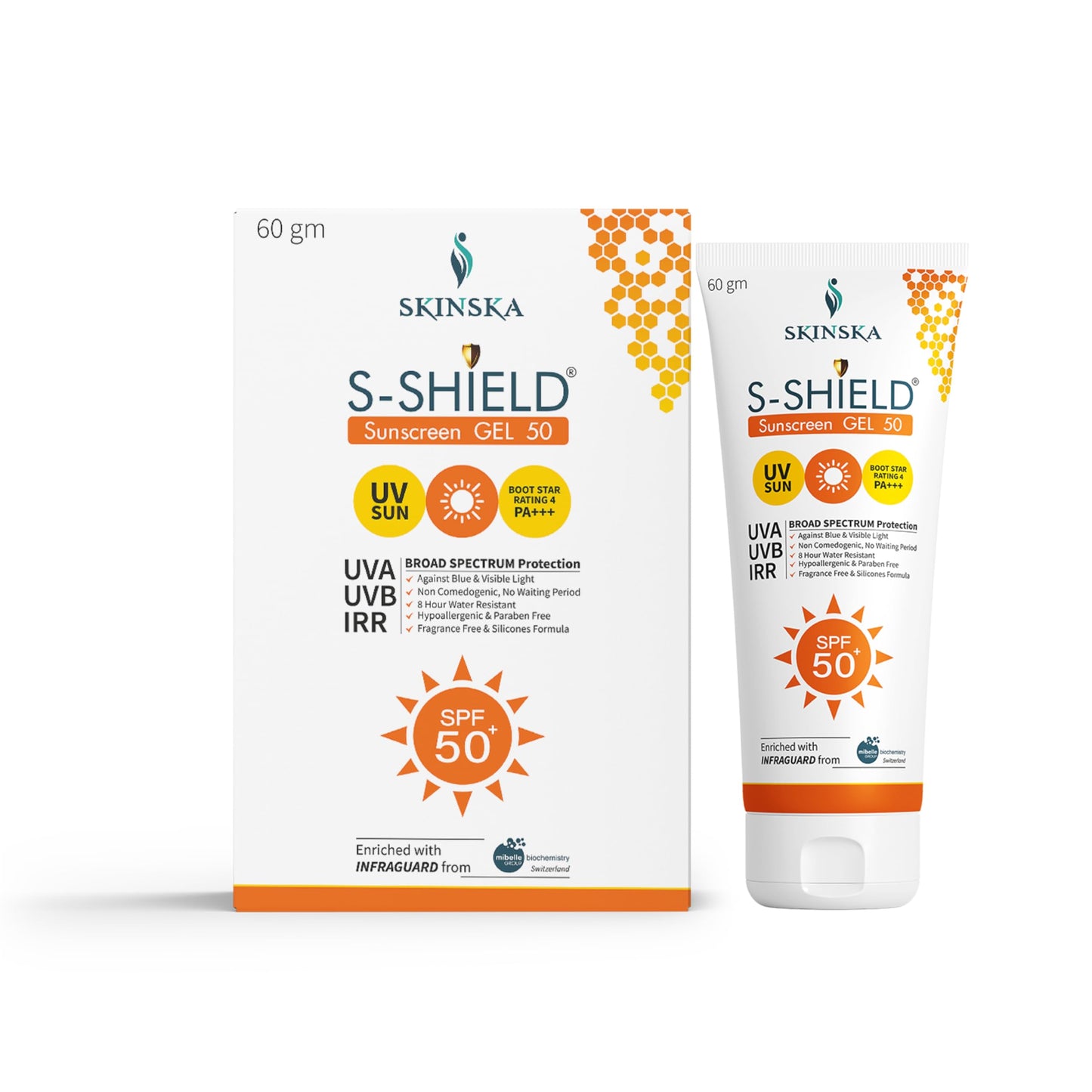 SKINSKA NATURALS - S-Shield Sunscreen Gel with SPF 50, PA+++ (60gm) with vitamin E, Oil free & water resistant, Non-Irritant, UVA & UVB Protection.