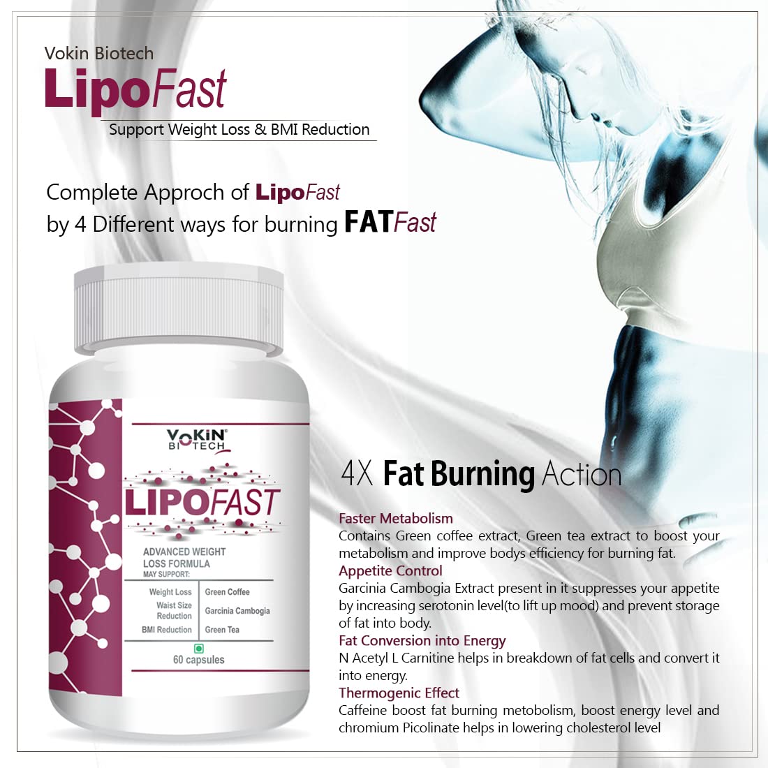 Vokin Biotech LipoFast Advanced Weight Loss Formula Support Weight Loss & BMI Reduction (60 capsules)