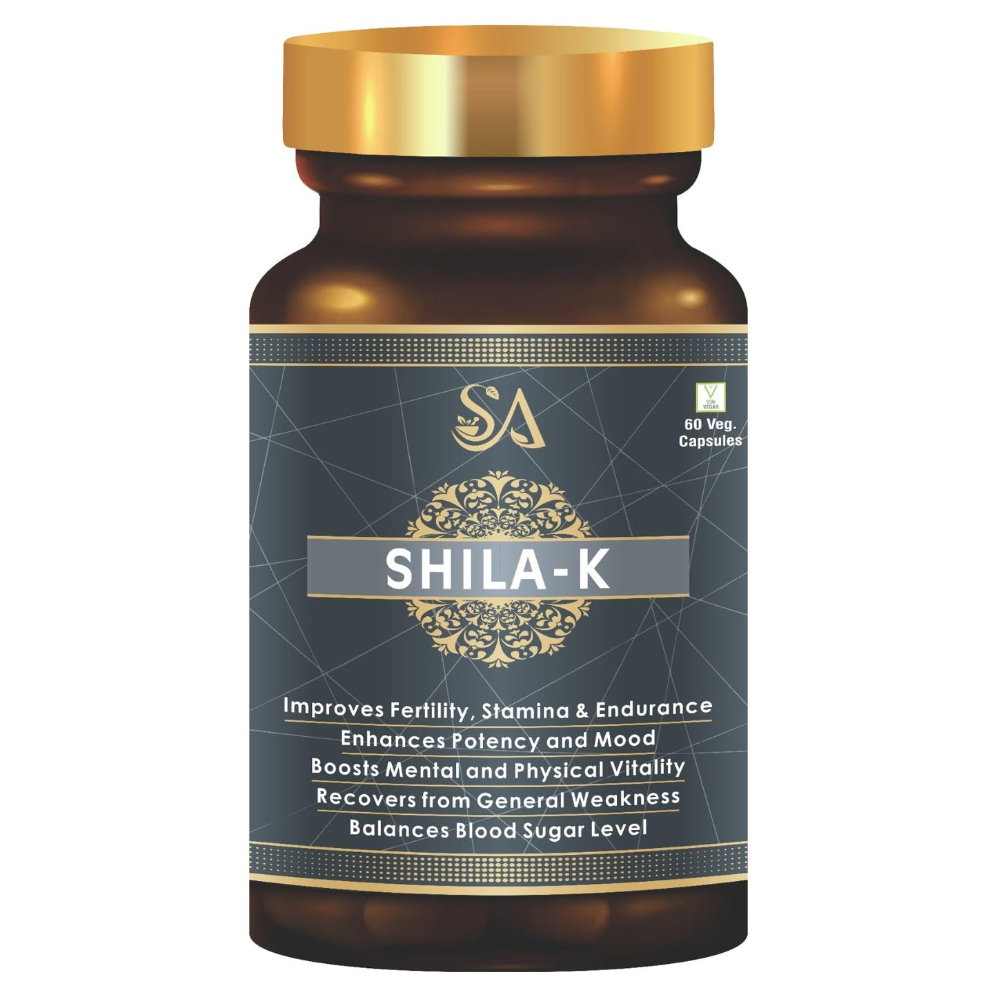 Sire Ayurveda Shila-k 60 Shilajit Capsules | Vegetarian Shilajeet - Power, Strength, Stamina Booster Supplements for Men