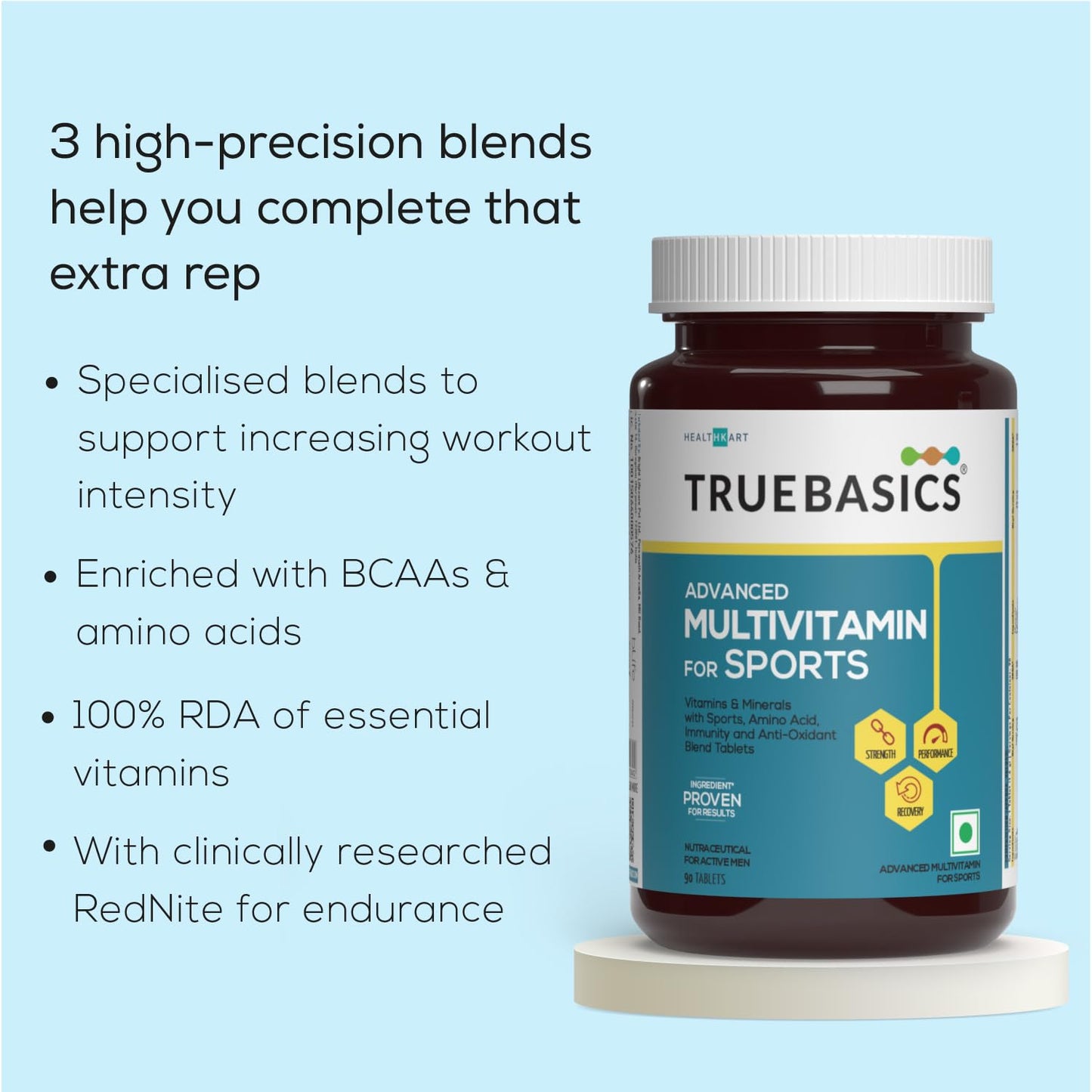 TrueBasics Advanced Multivitamin For Sports & Fitness, 90 Multivitamin Tablets, with Amino Acid, Enends, 24 Vitamins & Minerals, for Immunity & Energy