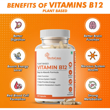 Herbal max Plant Based Vitamin B-12, 2.2mcg | 60 Veg Capsules | Boost Energy Level | Supports Healthous System & Brain Function | For Both Men & Women