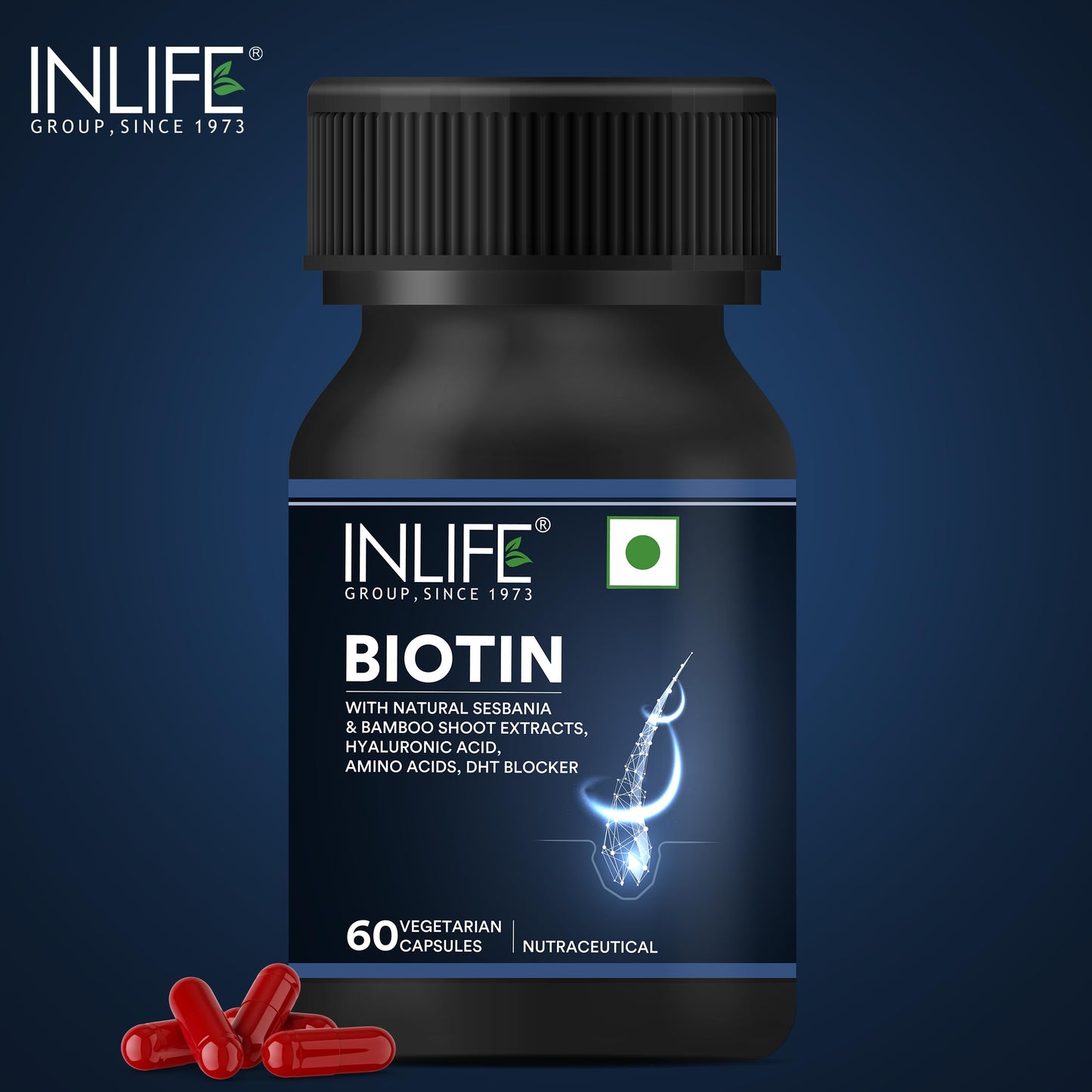 INLIFE Biotin Supplement for Hair | DHT Blocker with Sesbania, Bamboo Shoot, Bhringraj, Zinc, Vitamin - 60 Veg Capsules (Biotin with Herbs, Pack of 1)