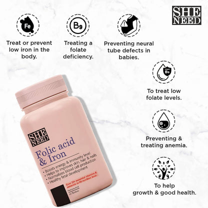 SheNeed Folic Acid & Iron Supplements |Supports Pregnancy| Iron Production| reduces Hair fall| For Men & Women| Vegan|– 60 Tablets