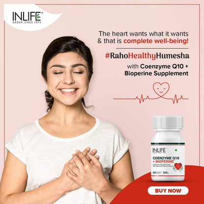 INLIFE Coenzyme Q10 CoQ10 200mg with Bioperine (Piperine) 8mg Supplement - 60 Vegetarian Capsules (200mg)