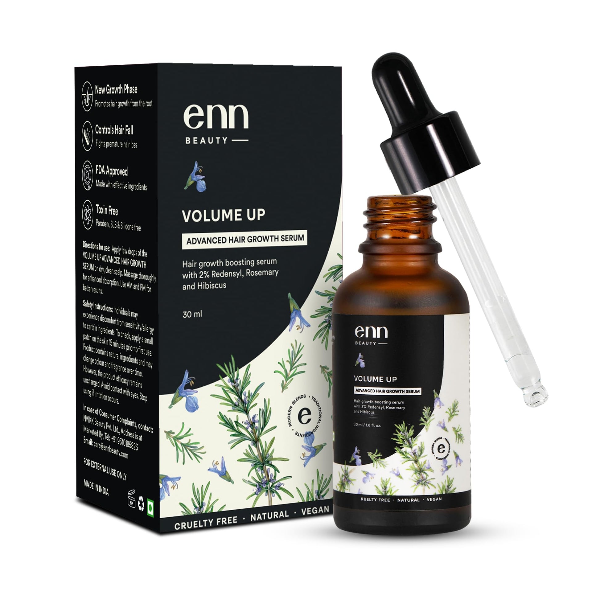 Enn Volume Up Advanced Hair Serum Enriched with 2% Redensyl & Hibiscus for Hair Fall Control for Thicker & Healthier Strands - 30Ml